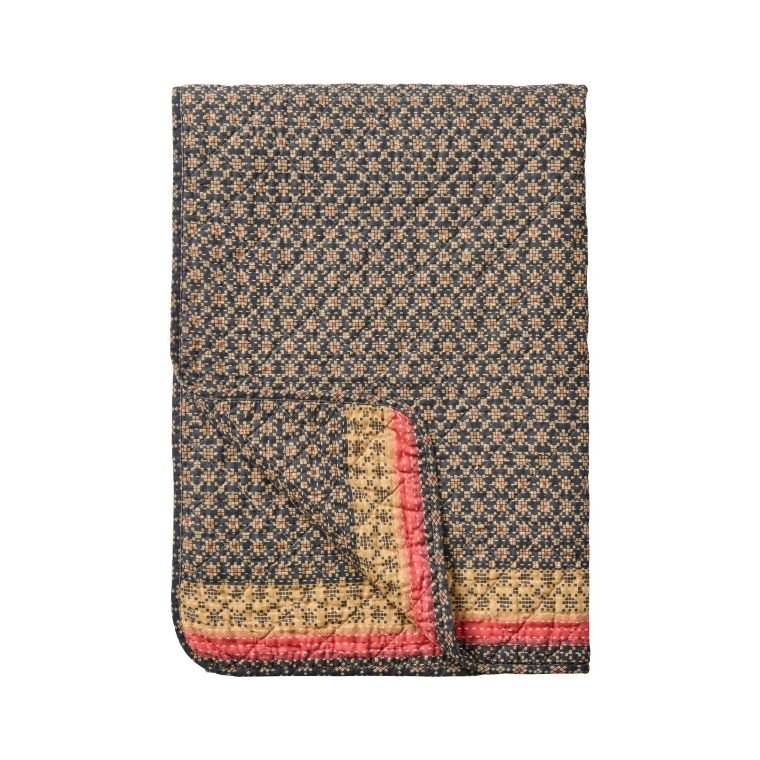IB LAURSEN - Quilt mrkebl m/rosa og naturfarvet mnster, kanter p langs