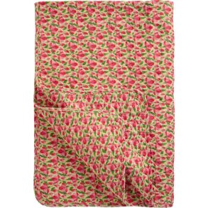 Ib Laursen - Quilt beige m/r�de og rosa blomster, gr�nne blade