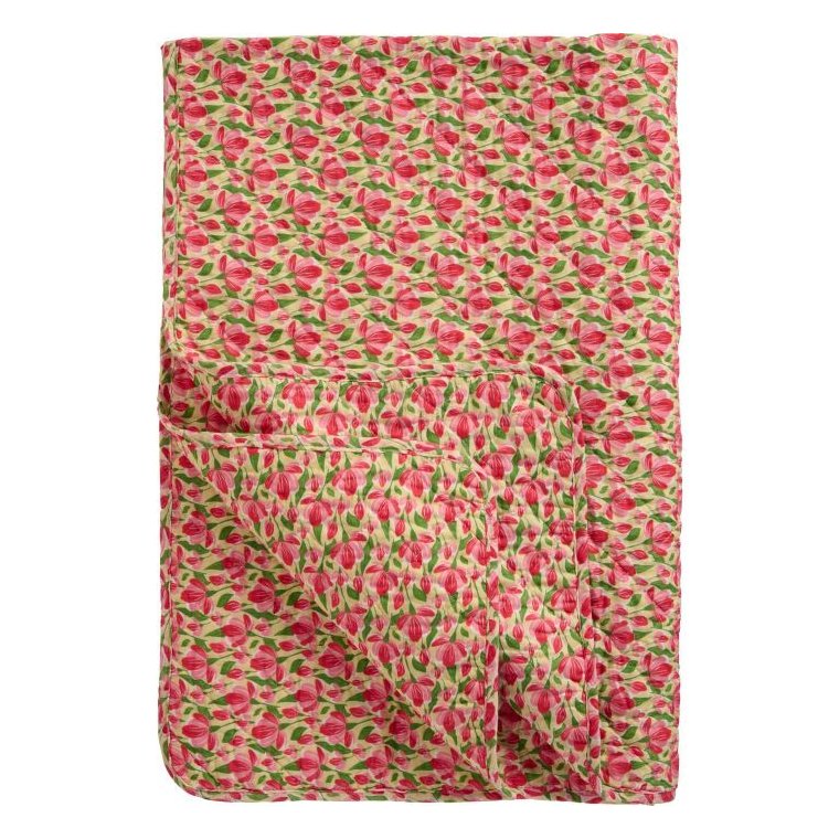 Ib Laursen - Quilt beige m/r�de og rosa blomster, gr�nne blade