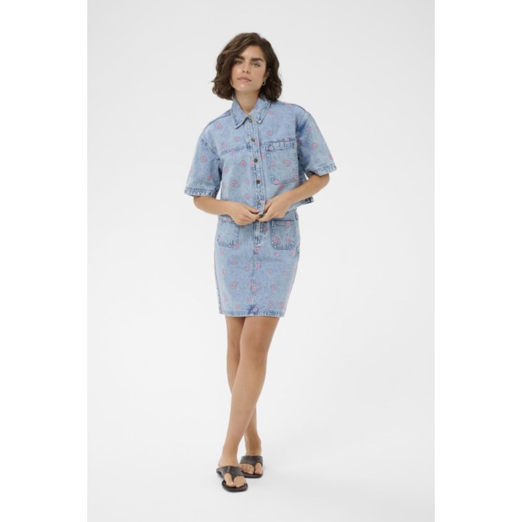 Kaffe - KAbabena Denim Shirt -  Blue Denim/Pink Flower Emb