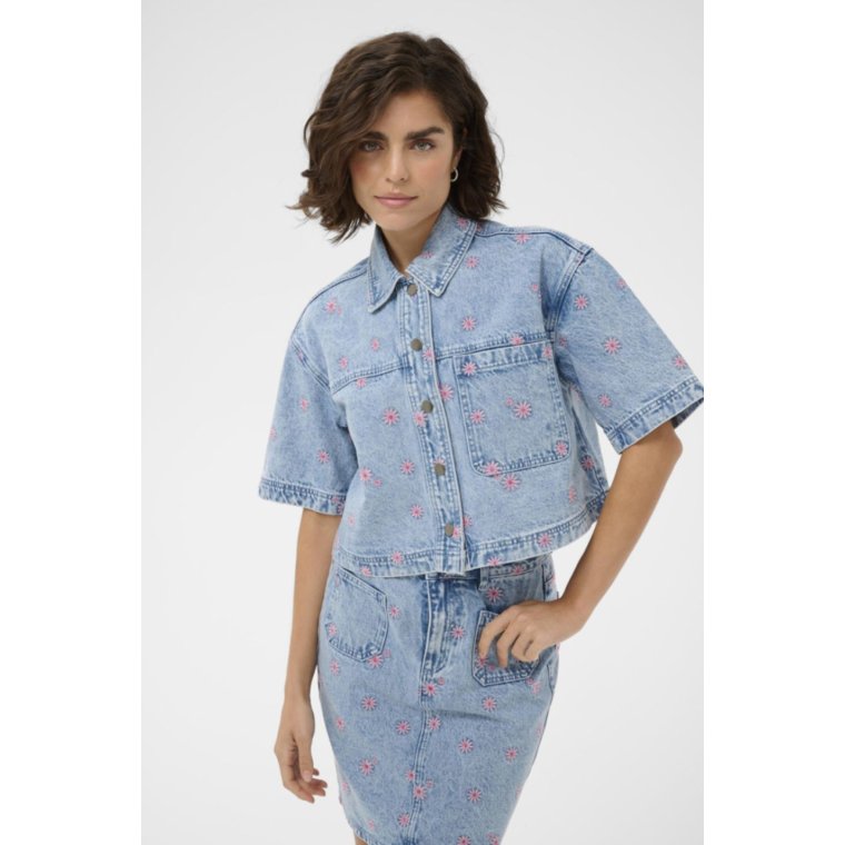 Kaffe - KAbabena Denim Shirt -  Blue Denim/Pink Flower Emb