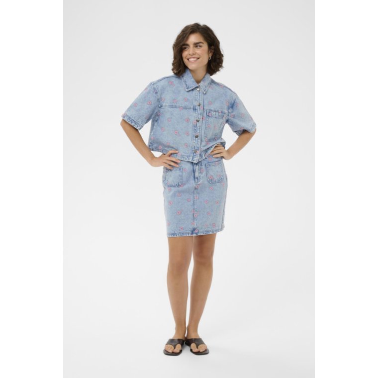 Kaffe - KAbabena Denim Skirt - Blue Denim/Pink Flower Emb