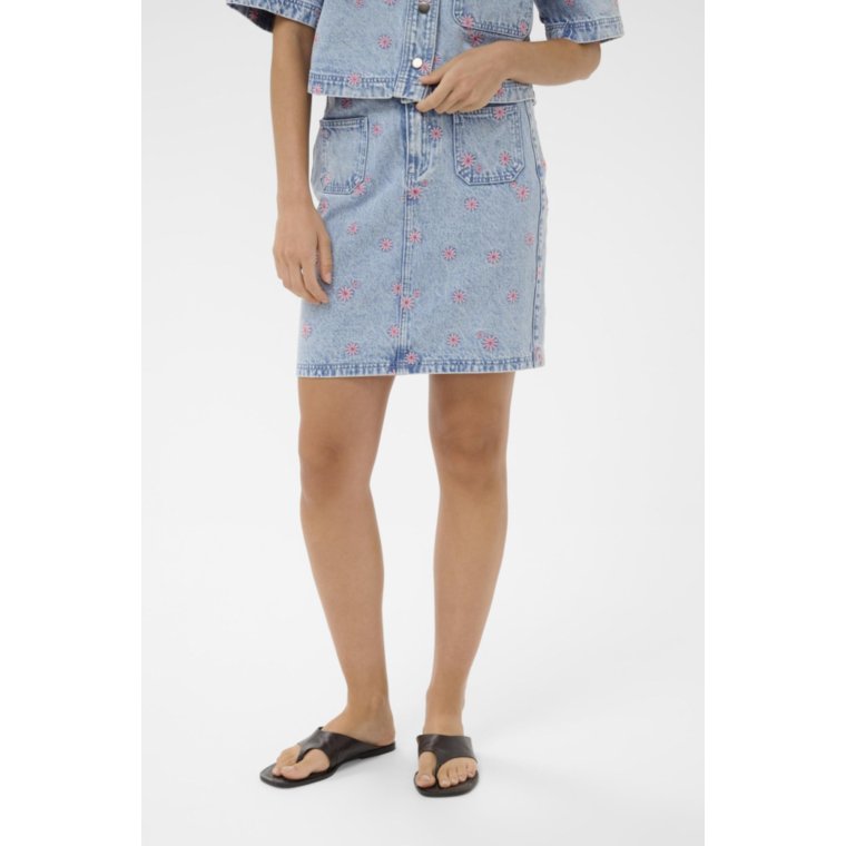 Kaffe - KAbabena Denim Skirt - Blue Denim/Pink Flower Emb