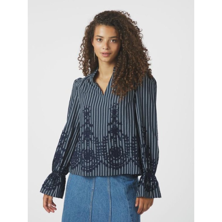 Neo Noir - Amara Stripe Emb Blouse - Navy