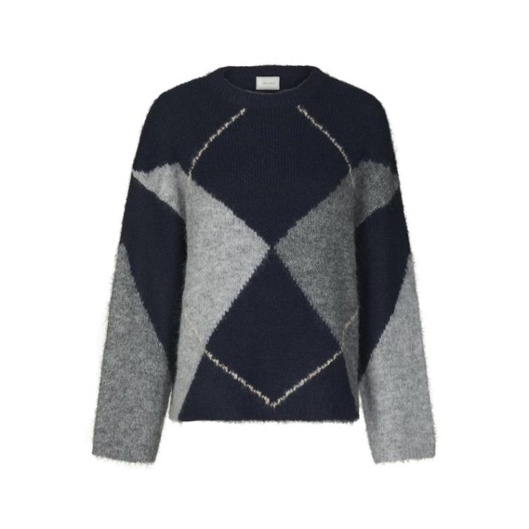 Neo Noir - Inga Check Fluff Knit Blouse - Navy