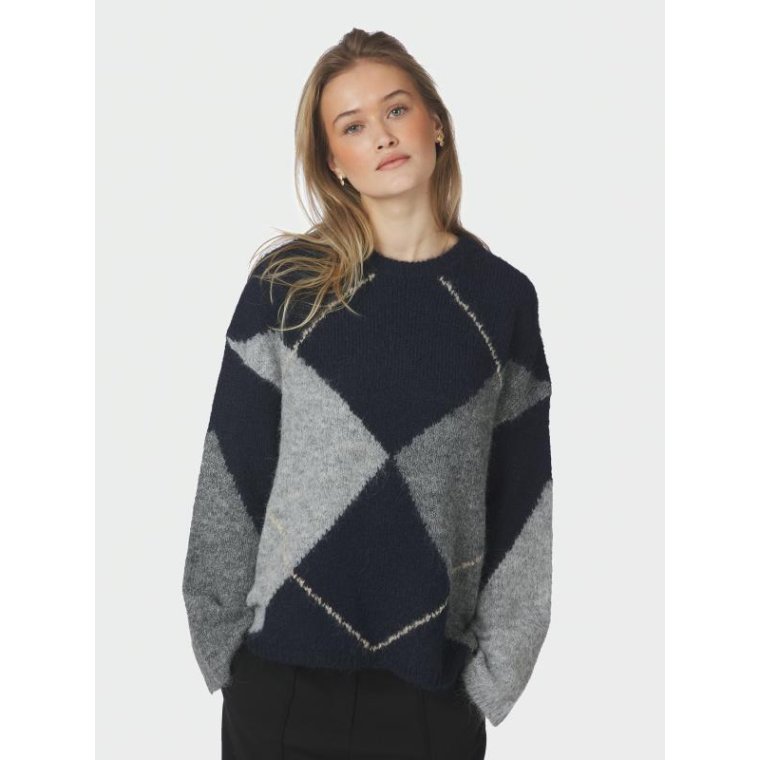 Neo Noir - Inga Check Fluff Knit Blouse - Navy