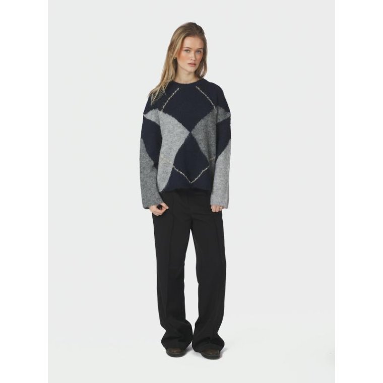 Neo Noir - Inga Check Fluff Knit Blouse - Navy