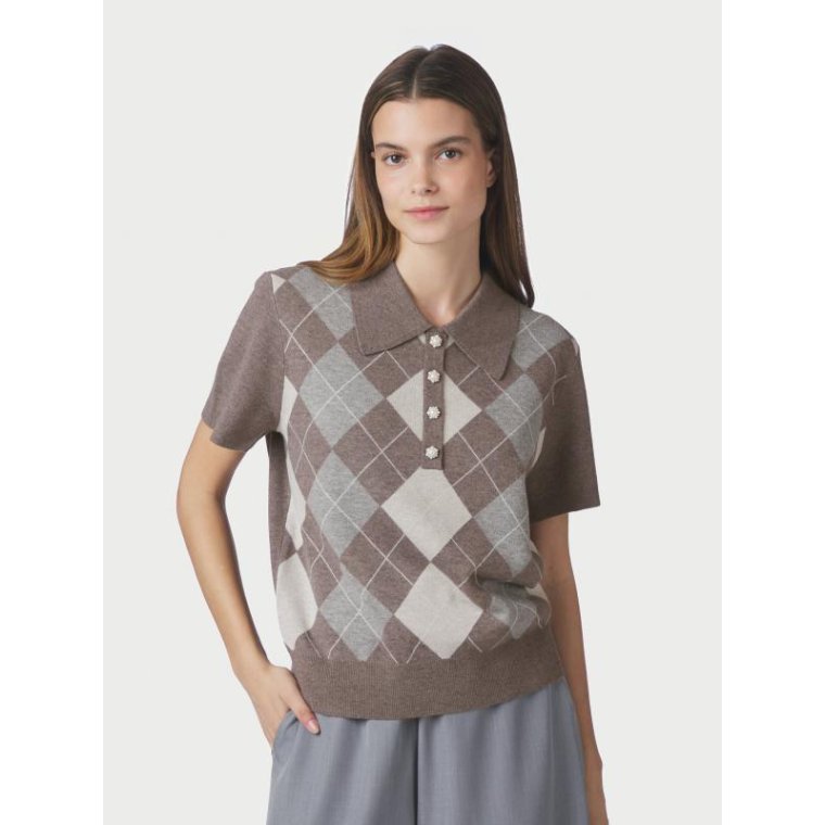 Neo Noir - Gia Check Knit Blouse - Dark Taupe