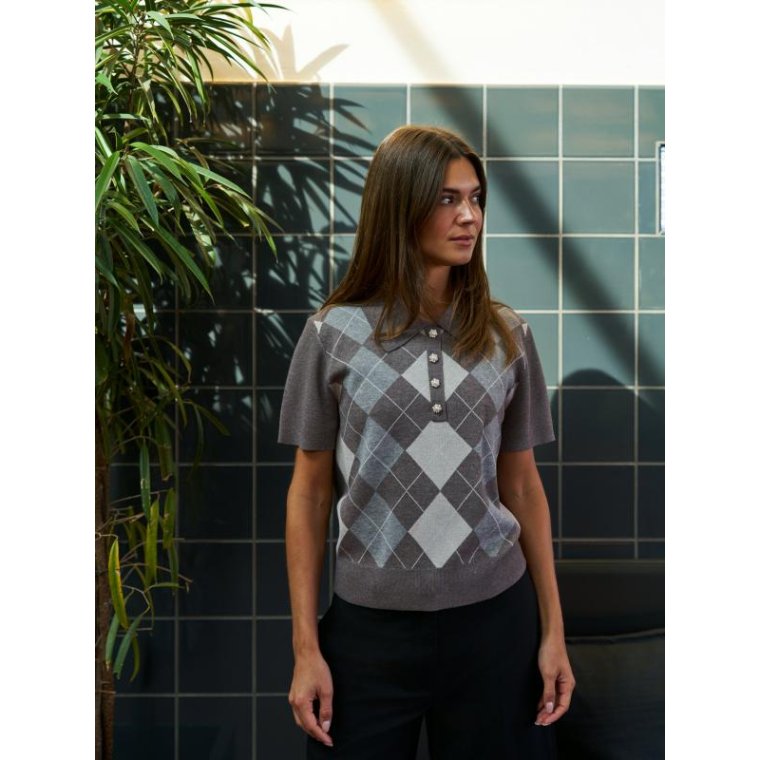 Neo Noir - Gia Check Knit Blouse - Dark Taupe