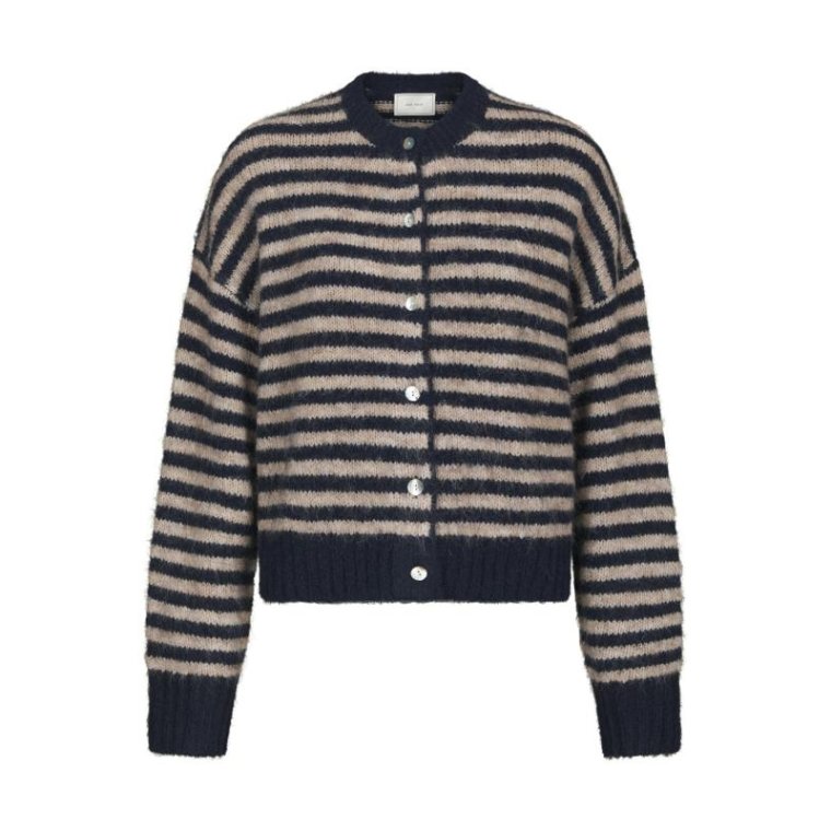 Neo Noir - Isana Stripe Fluffy Knit Cardigan - Navy striped