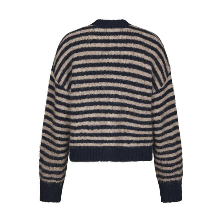 Neo Noir - Isana Stripe Fluffy Knit Cardigan - Navy striped