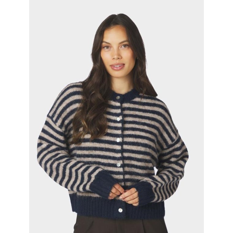 Neo Noir - Isana Stripe Fluffy Knit Cardigan - Navy striped