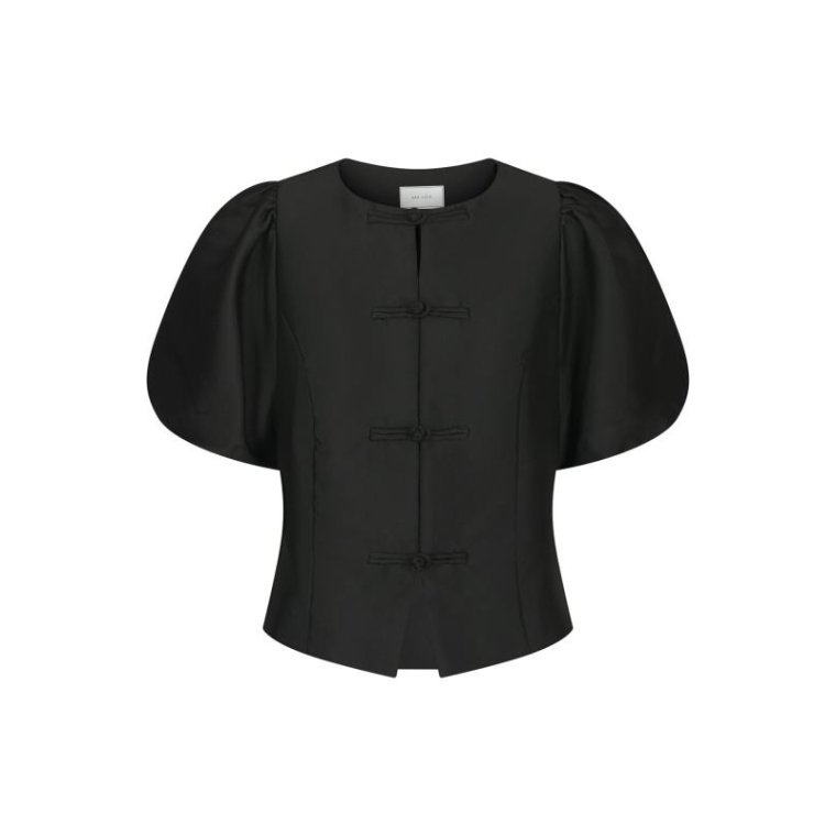 Neo Noir - Anela Mandarin Dull Satin Blouse - Black