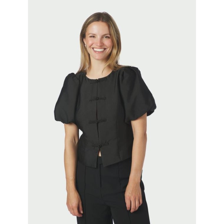 Neo Noir - Anela Mandarin Dull Satin Blouse - Black