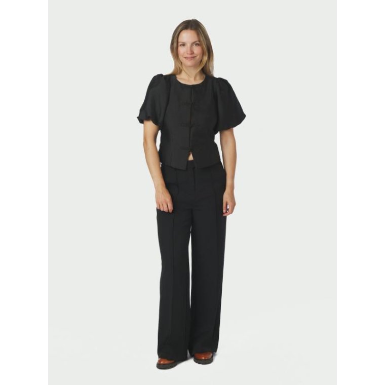 Neo Noir - Anela Mandarin Dull Satin Blouse - Black