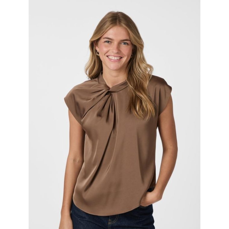 Neo Noir - Fleur Drapy Satin Blouse - Dusty Brown