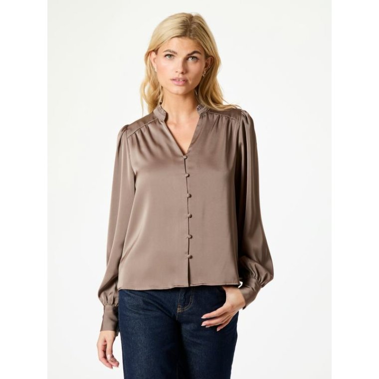 Neo Noir - Massima Drapy Satin Blouse - Dark Taupe