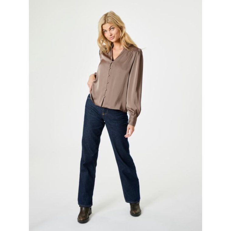 Neo Noir - Massima Drapy Satin Blouse - Dark Taupe