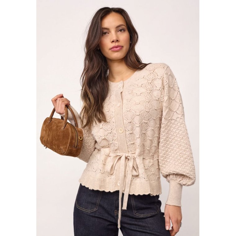 Co`couture - 32241 RowCC Pointelle Tie Cardigan - Creme