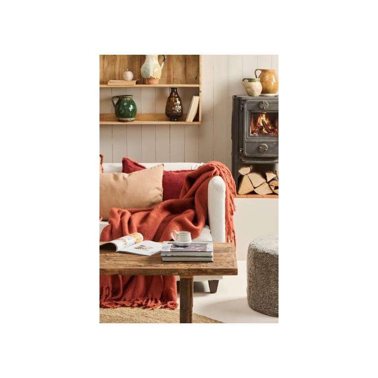 IB LAURSEN - Pude med fyld rust/bordeaux vvede striber, 4 sider m/frynser