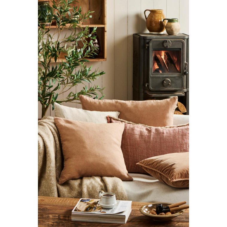 IB LAURSEN - Pude med fyld natur/malva vvede striber, 4 sider m/frynser