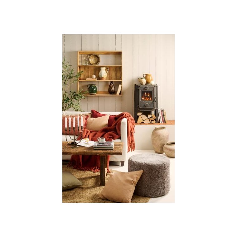 IB LAURSEN - Pude med fyld rust/bordeaux vvede striber, 4 sider m/frynser