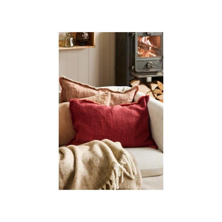 IB LAURSEN - Pude med fyld rust/bordeaux vvede striber, 4 sider m/frynser