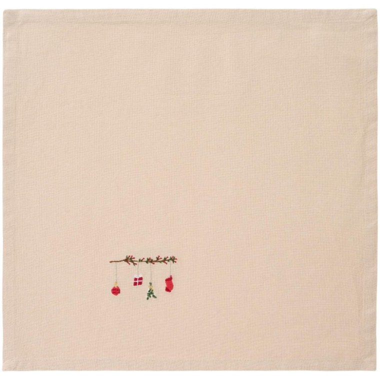 Ib Laursen - Stofserviet Tradition gren m/r�de b�r og h�ngende julepynt h�rfarvet