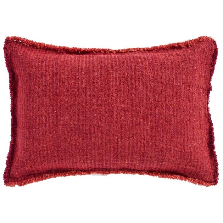 IB LAURSEN - Pude med fyld rust/bordeaux vvede striber, 4 sider m/frynser