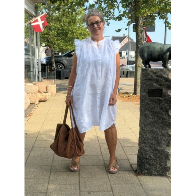 FRAU - Napoli pure linen deco knee dress - Bright White