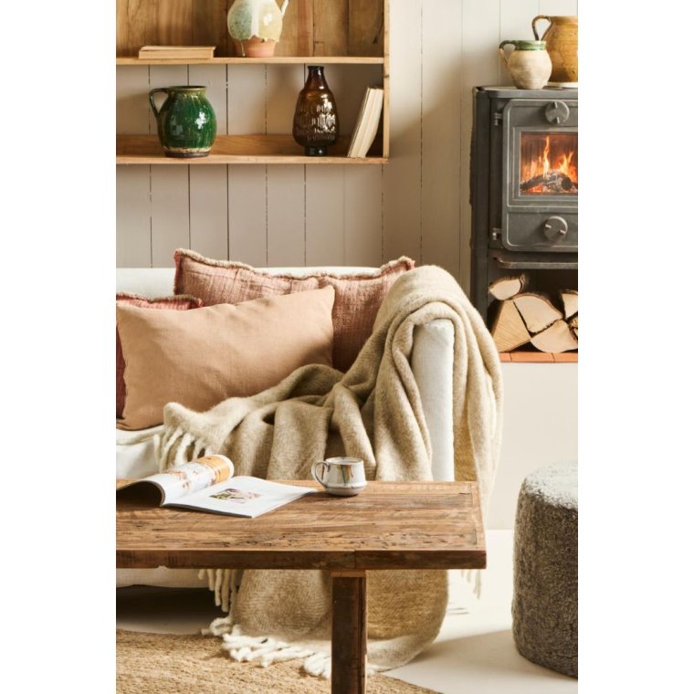 IB LAURSEN - Plaid sandfarvet melange m/off white frynser