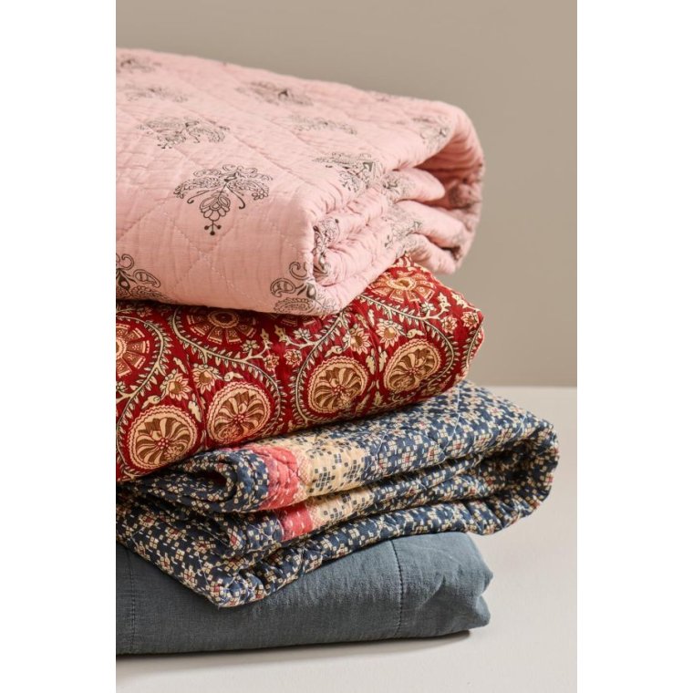IB LAURSEN - Quilt mrkebl m/rosa og naturfarvet mnster, kanter p langs