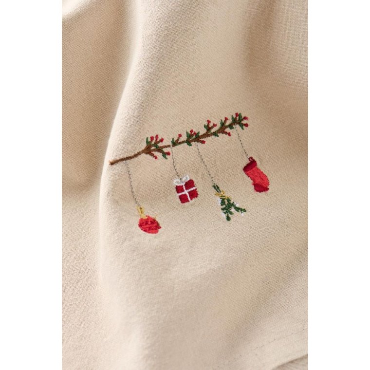 Ib Laursen - Stofserviet Tradition gren m/r�de b�r og h�ngende julepynt h�rfarvet